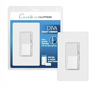 Lutron DVRFW-6L-WH-A Diva Smart Dimmer Light Switch with Wallplate for Caseta Lighting (Lutron Smart Hub Required), for LED Lights, 150W, Single-Pole/ 3-Way, No Neutral, White