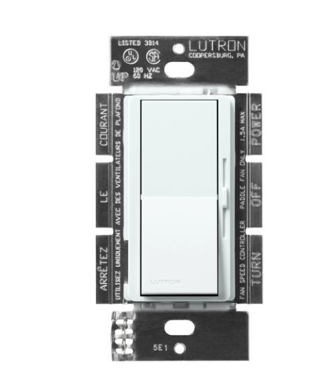 Lutron DVSCFSQ-F-GL Diva 3-Speed Fan Control Switch, 1.5A, Single-Pole/3-Way, No Neutral Required, 120V, Glacier White