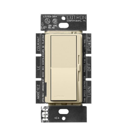 Lutron DVSCFSQ-F-SD Diva 3-Speed Fan Control Switch, 1.5A, Single-Pole/3-Way, No Neutral Required, 120V, Sand