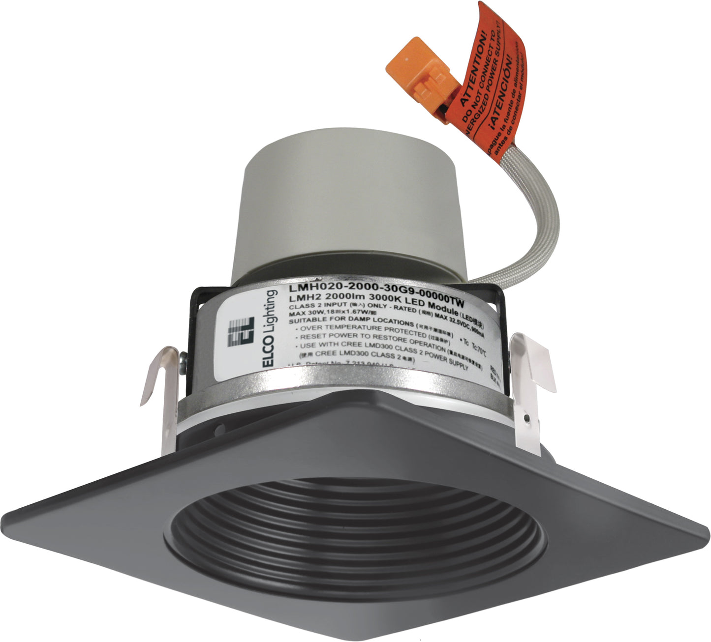 Elco Lighting E424R08SDBB 4" LED Module & Driver with Square Baffle Trim, 11.4W, 850lm, Sunset CCT, Triac/ELV Dimming, Wet Rated, All Black