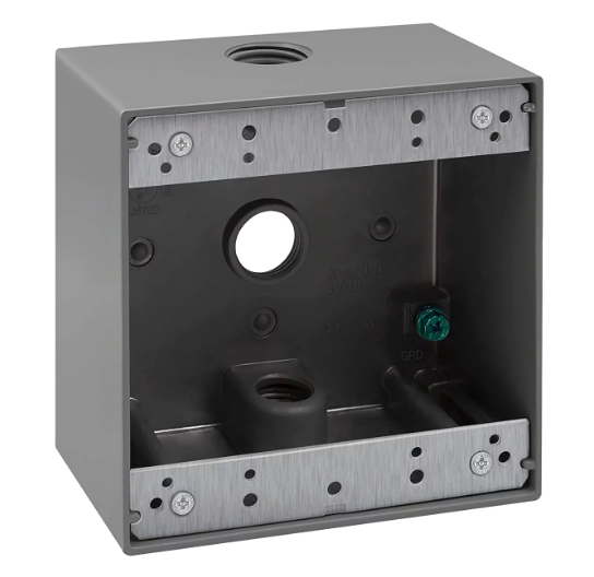 Enerlites EN2350 2-Gang Weatherproof Outlet Box W/ Three 1/2" Threaded Outlets, Outdoor Electrical Box