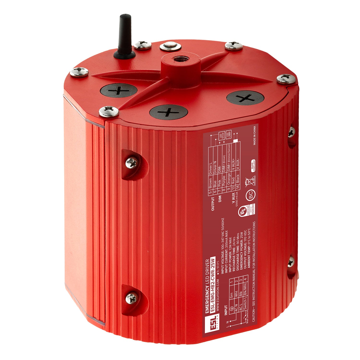 ESL Vision ESL-EMG-HB2-CWR-25W Emergency Backup Battery Unit, Auto Test Function,25 Watts Output, 90 Minutes Min, 100-347VAC Input, 170VDC Ouptut, Closed Cylinder Wet Rated, UL Listed for Factory or Field install, Title 20