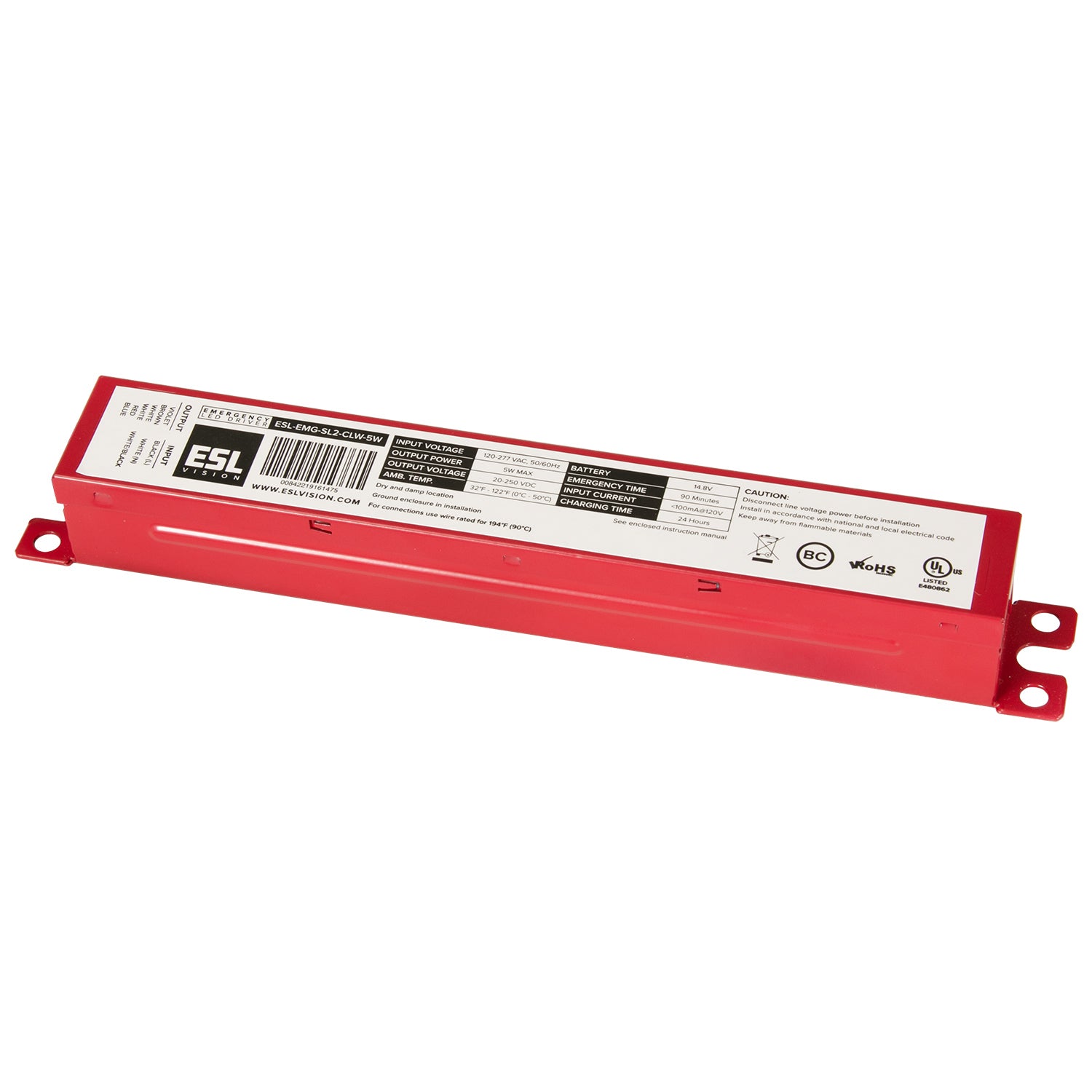ESL Vision ESL-EMG-SL3-CLW-5W Emergency Backup Battery Unit, Auto Test Function, 5 Watts Output, 90 Minutes MIn, 120-277VAC Input, 20-50VDC Output, Closed Lead Wiring, UL Listed for Factory or Field install