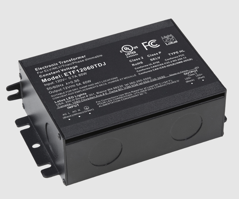 Lotus LED Lights ETF24096TDJ 24V DC 96W Electronic Transformer in J-box 4A Triac Dimmable 120VAC input UL Class 2 Type HL Constant Voltage