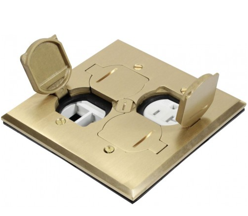 Orbit FLB-DL-C-BR Floor Box Cover Only, Flip Type With 1 Duplex Receptacle & 4 Low-voltage, Square Cover, Brass
