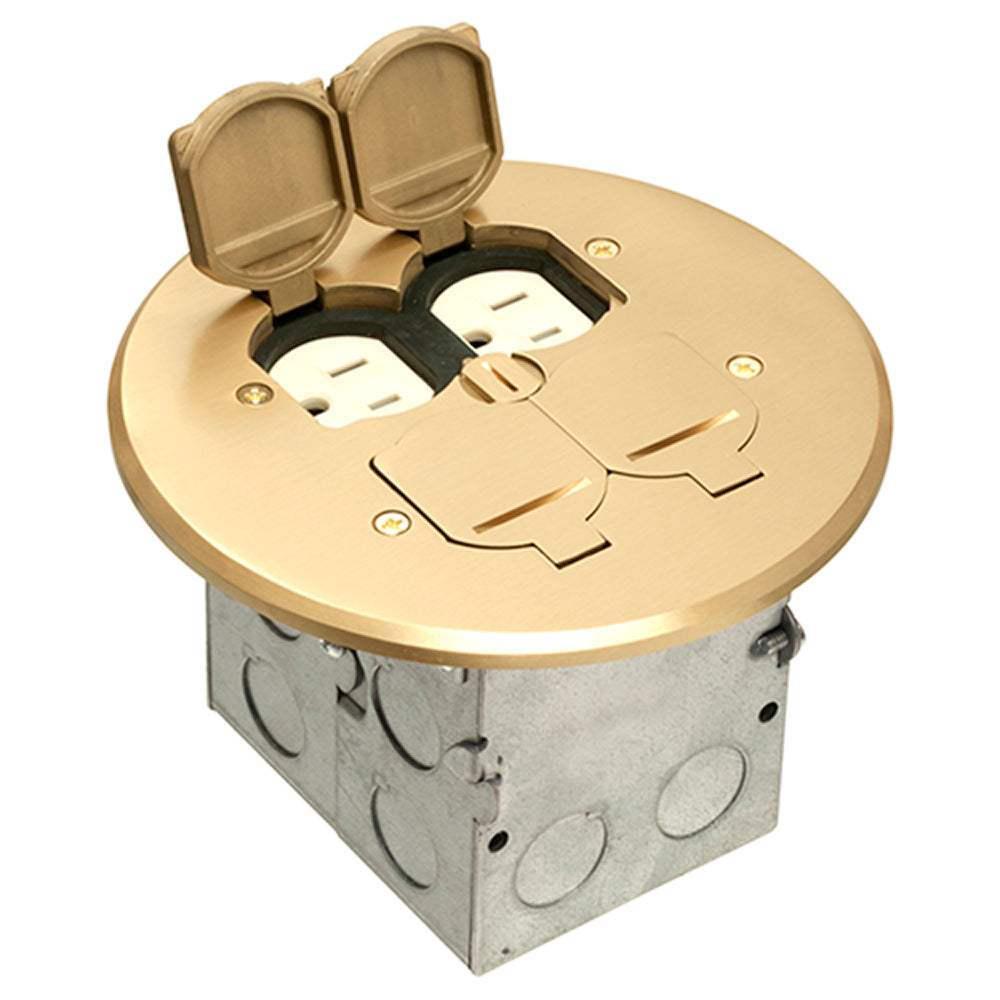 Arlington FLB6240MB 2-Gang Floor Box Kit w/ 2 110V Receptacles, Steel Box & Round Metal Cover, Brass Cover