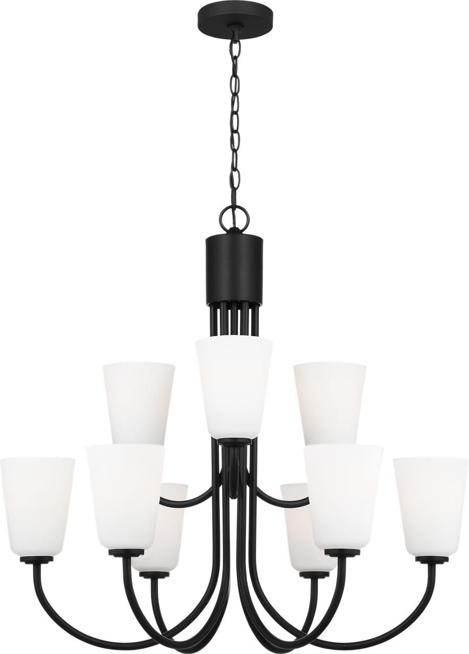 Generation Lighting Miles 9 light midnight black chandelier with etched glass shades