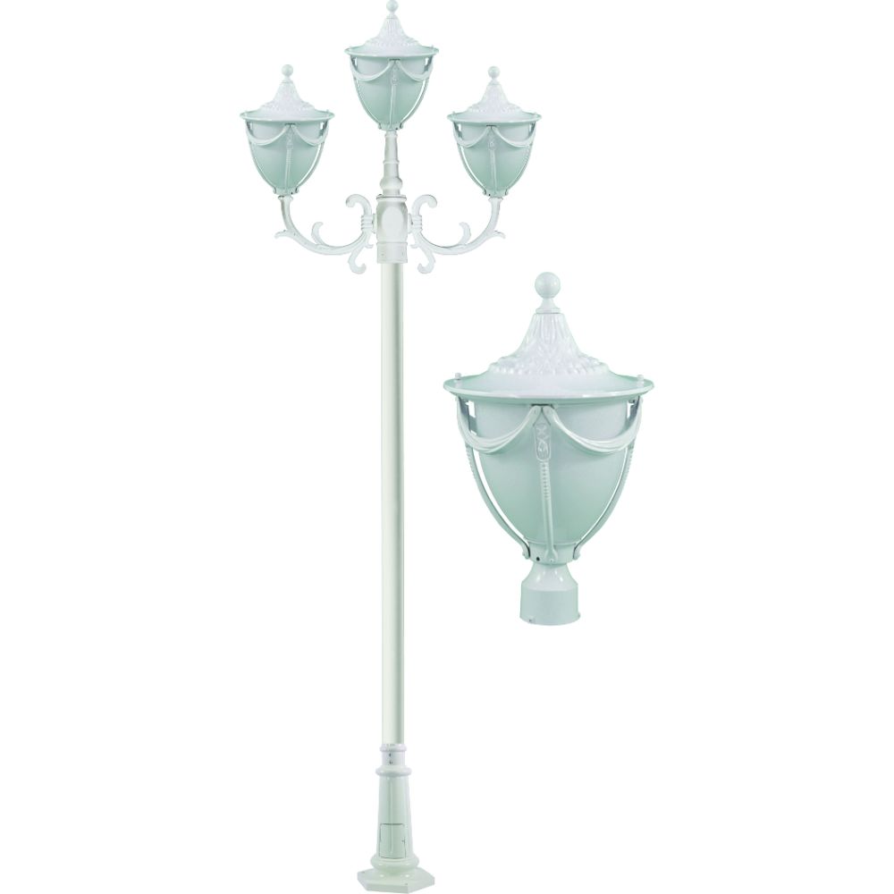 Dabmar Lighting GM4803-L18-30K-W LED Cast Aluminum 3 Post Top Fixture Pole W/ Base, 120V, E26, 3X, Color Temperature 3000K, White Finish