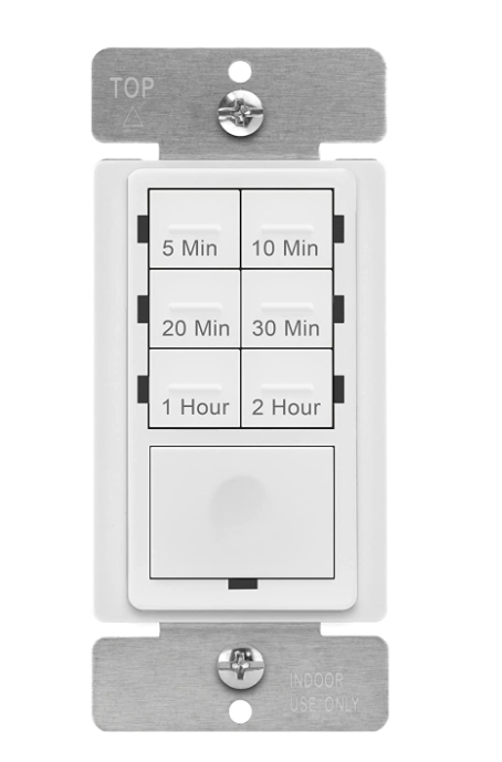 Enerlites HET06-J-2H-W 2-Hour Countdown Timer Switch, 5-10-20-30 Min, 1-2 Hr, for Bathroom Fans, Heaters, Lights, LED Indicator, 120VAC 800W, No Neutral Wire Required