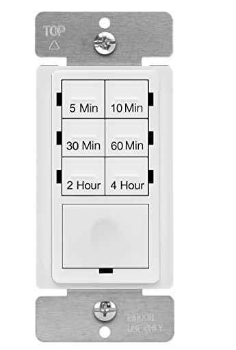 Enerlites HET06-J-W 4-Hour No Neutral Wire Countdown Timer Switch, 5-10-30-60 Min, 2-4 Hour, for Bathroom Fans, Heaters, Lights, LED Indicator, 120VAC 800W, UL Listed