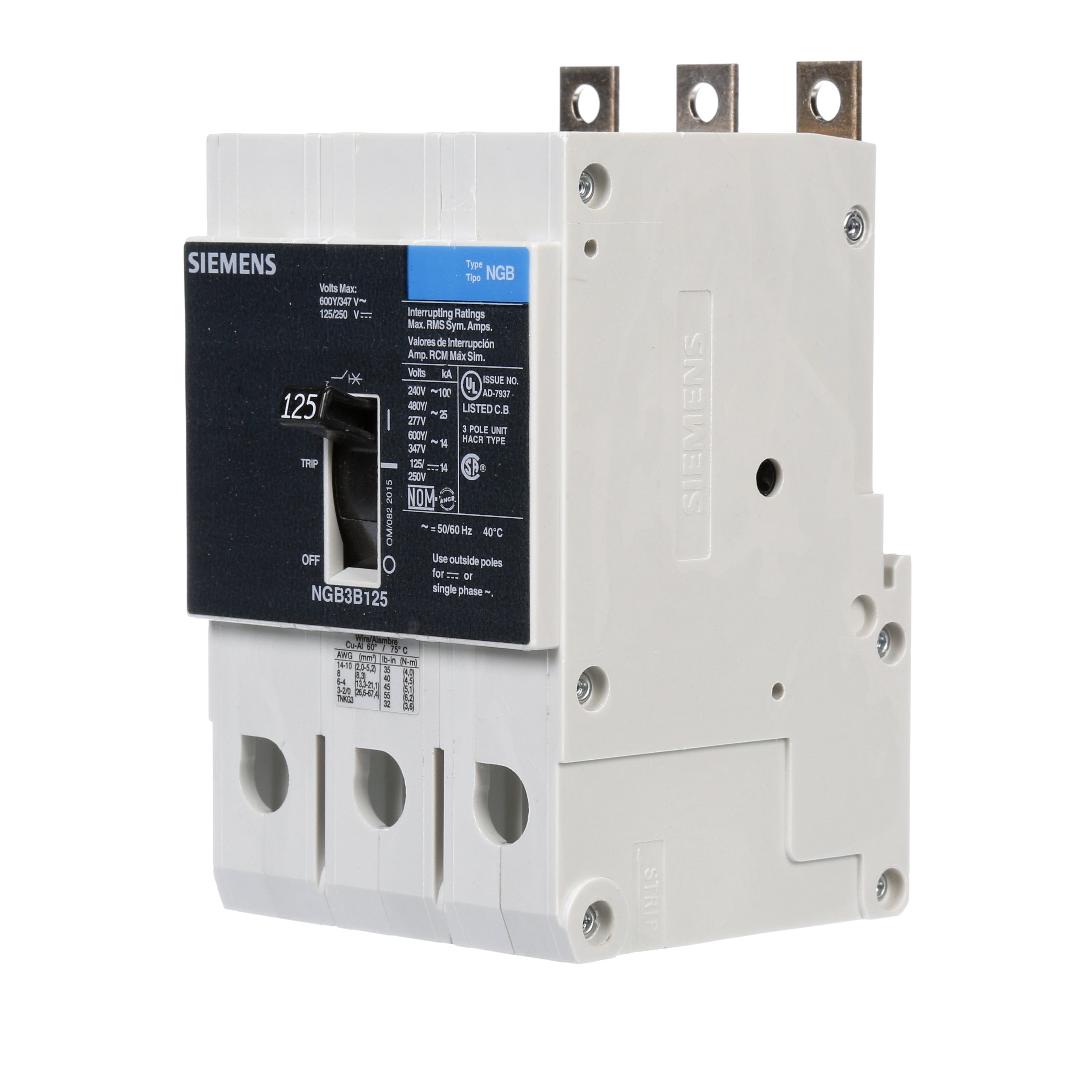 Siemens NGB3B125B Siemens Low Voltage Circuit Breaker with Thermal Magnetic Trip, 125A, 2-Pole, 600V