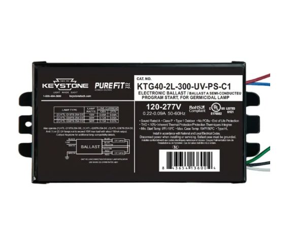 Keystone KTG40-2L-300-UV-PS-C1 Ballast for UV-C Germicidal Lamps - 1 or 2 Lamps - 290mA Output - 120-277V