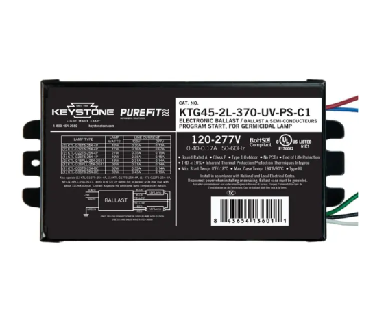 Keystone KTG45-2L-370-UV-PS-C1 Ballast for UV-C Germicidal Lamps - 1 or 2 Lamps - 370mA Output - 120-277V