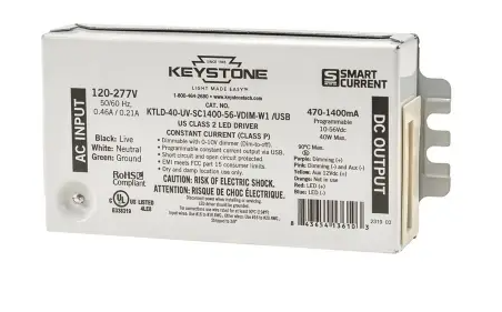 Keystone KTLD-40-UV-SC1400-56-VDIM-W1 /USB Programmable Constant Current LED Driver w/ USB-C Port, 470-1400mA Output, Wattage 40W, Voltage 120V-277V