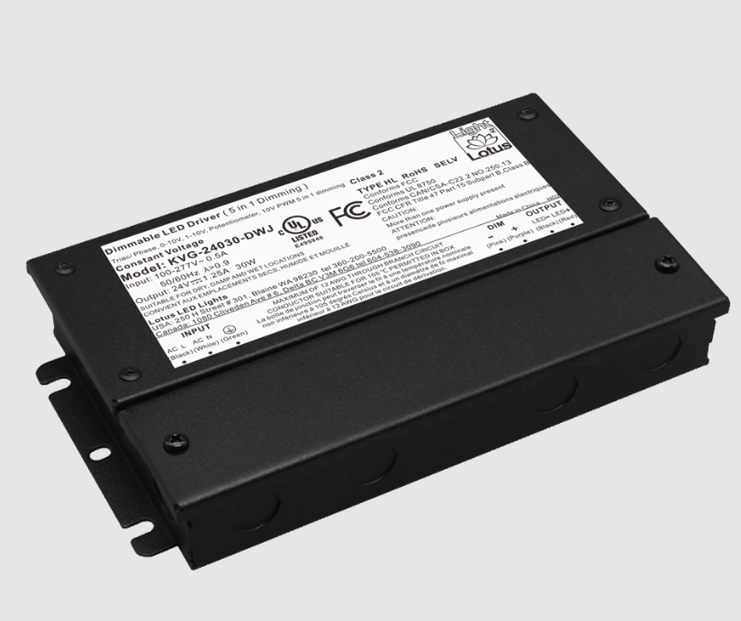 Lotus LED Lights KVG-24030-DWJ 24V 30W 5-in-1 Dimmable cULus Driver with Built-in Wiring Chambers 120-277V Wet Class 2 Type HL CV