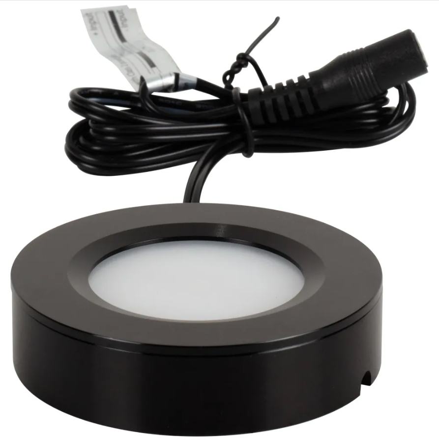 Task Lighting L-SWSP-FR-BK-30 180 Lumens/Fixture 12-volt Puck Light, Single-White, Black Finish, Soft White 3000K, Direct-Wire or Barrel Connection