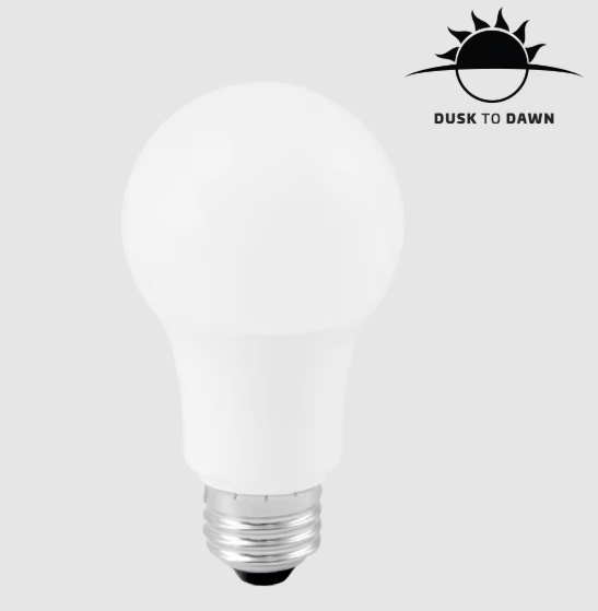 Eiko L6WA19/830PF/E26/DTD A19 Plastic Frosted Non-Dimmable E26 Dusk to Dawn, Wattage 6W, Lumens 800 lm, 80CRI, Color Temperature 3000K