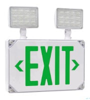 Outdoor LED Exit Sign & Square Emergency Heads Combo, Green Letters, White Body, Wet Location Listed