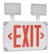 Outdoor LED Exit Sign & Square Emergency Heads Combo, Red Letters, White Body, Wet Location Listed