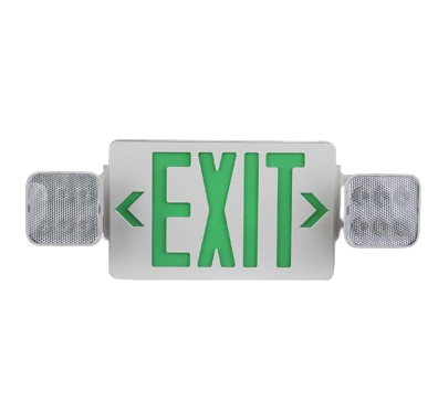 LED Exit Sign & Square Emergency Heads Combo Green Letters, White Body