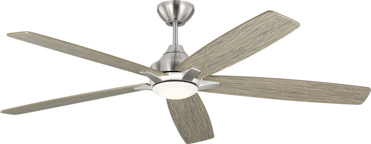 Generation Lighting Lowden 60 inch brushed steel smart LED ceiling fan with silver light grey weathered oak blades