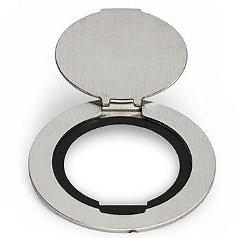 Lew Electric MOI4-DP1-C4-BR-AHC Customizable, flush mounted, 2-Hour Fire Rated Poke-Through with four inch core, Decora receptacle & (4) communication openings , Brass Finish, Articulated Hinged Cover