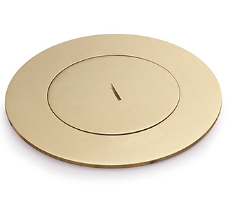 Lew Electric MOI4-DP1-C4-BR-TC Customizable, flush mounted, 2-Hour Fire Rated Poke-Through with four inch core, Decora receptacle & (4) communication openings , Brass Finish, Threaded Coin