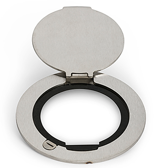 Lew Electric MOI4-P2-C4-DB15-BR-AHC-1/4 Customizable, flush mounted, 2-Hour Fire Rated Poke-Through with four inch core, (2) single receptacle & (4) communication openings & (1) DB-15 opening , Brass Finish, Articulated Hinged Cover 1/4 Turn