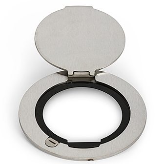 Lew Electric MOI4-PWR4-SS-AHC-1/4 Customizable, flush mounted, 2-Hour Fire Rated Poke-Through with four inch core, (4) single receptacle, Articulated Hinged Cover ¼ Turn , Stainless Steel Finish