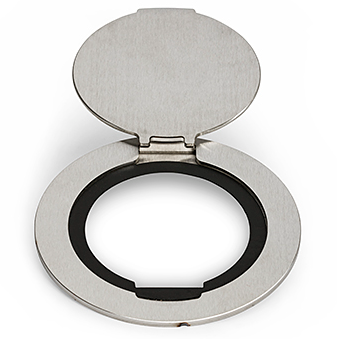 Lew Electric MOI4-PWR4-SS-AHC Customizable, flush mounted, 2-Hour Fire Rated Poke-Through with four inch core, (4) single receptacle, Articulated Hinged Cover , Stainless Steel Finish