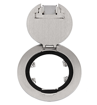 Lew Electric MOI4-REC-AV-C4-SS-AHC-CED Customizable, recessed, 2-Hour Fire Rated Poke-Through with four inch core , (1) Decora opening for CI-5BWPA (4) communication openings, Stainless Finish, Articulated Hinged Cover with Cable Exit Door