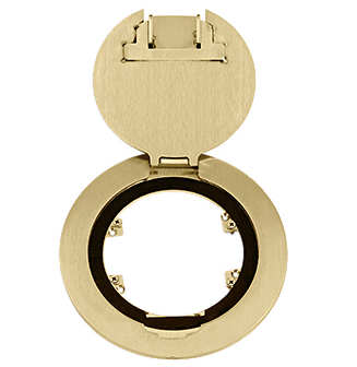 Lew Electric MOI4-RES-REC-DP1-C4-BR-AHC-CED Customizable, Recessed Four Inch Poke-Through Floor Box , Decora receptacle & (4) communication openings, Brass Finish, Articulated Hinged Cover with Cable Exit Door