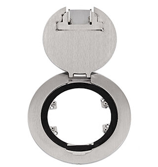 Lew Electric MOI4-RES-REC-DP1-C4-SS-AHC-CED Customizable, Recessed Four Inch Poke-Through Floor Box , Decora receptacle & (4) communication openings, Stainless Finish, Articulated Hinged Cover with Cable Exit Door