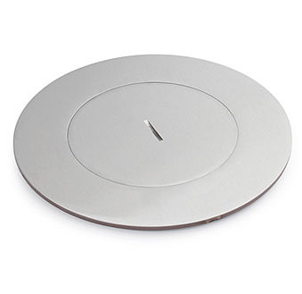 Lew Electric MOI4-SLB-AV-COMM-SS-TC Customizable Dual Service Round Concrete Box , (1) Decora opening for CI-5BWPA (4) communication openings, Threaded Coin , Stainless Steel Finish