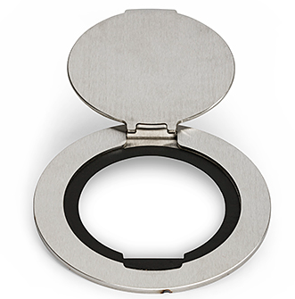 Lew Electric MOI4-SLB-AV-COMM4-SS-AHC Customizable Dual Service Round Concrete Box , (1) Decora opening for CI-5BWPA (4) communication openings, Articulated Hinged Cover , Stainless Steel Finish