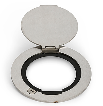 Lew Electric MOI4-SLB-DP1-C4-BK-AHC-1/4 Customizable Dual Service Round Concrete Box, multi-connect is a dual service, round, flush to concrete floor box , Decora receptacle & (4) communication openings, Black Finish, Articulated Hinged Cover - 1/4