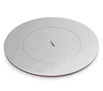 Lew Electric MOI4-SLB-DP1-C4-SS-TC Customizable Dual Service Round Concrete Box, multi-connect is a dual service, round, flush to concrete floor box , Decora receptacle & (4) communication openings, Stainless Finish, Threaded Coin