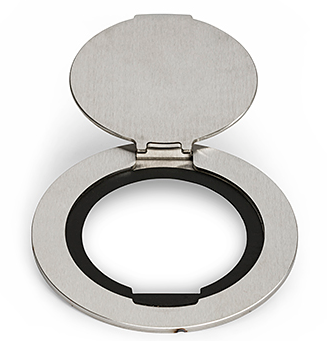 Lew Electric MOI4-SLB-P2-C4-DB15-BR-AHC Customizable Dual Service Round Concrete Box, round, flush to concrete floor box , (2) single receptacle & (4) communication openings & (1) DB-15 opening, Brass Finish, Articulated Hinged Cover