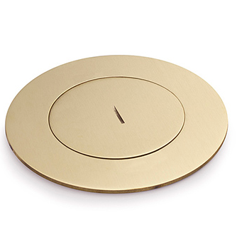 Lew Electric MOI4-SLB-P2-C6-BR-TSC Customizable Dual Service Round Concrete Box, round, flush to concrete floor box , (2) single receptacle & (6) communication openings, Brass Finish, Threaded Coin