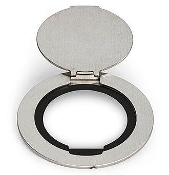 Lew Electric MOI4-SLB-P4-C4-BR-AHC Customizable Dual Service Round Concrete Box, round, flush to concrete floor box , (4) single receptacle & (4) communication openings, Brass Finish, Articulated Hinged Cover