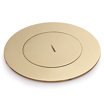 Lew Electric MOI4-SLB-P4-BR-TC Customizable Dual Service Round Concrete Box, round, flush to concrete floor box , (4) single receptacle, Brass Finish, Threaded Coin