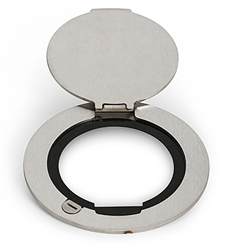 Lew Electric MOI4-SLB-P4-C4-BR-AHC-1/4 Customizable Dual Service Round Concrete Box, round, flush to concrete floor box , (4) single receptacle & (4) communication openings, Brass Finish, Articulated Hinged Cover - 1/4