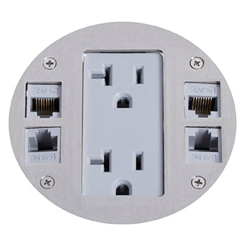 Lew Electric MOI4-SLB-REC-DP1-BR-COMM4-AHC-CED Customizable Dual Service, Recessed Round Concrete Box, Round, Flush To Concrete Floor Box, Decora receptacle & (4) communication openings, Articulated Hinged Cover Brass Finish