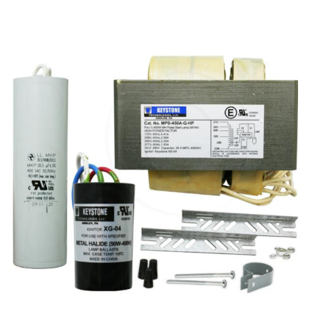Keystone MPS-450A-P-KIT 3/3 450W Pulse Start Metal Halide Ballast Replacement Kit. 120/208/240/277/480V. Included Ballast: MPS-450A-P-HP. Includes Capacitor, Ignitor, mounting brackets, and hardware