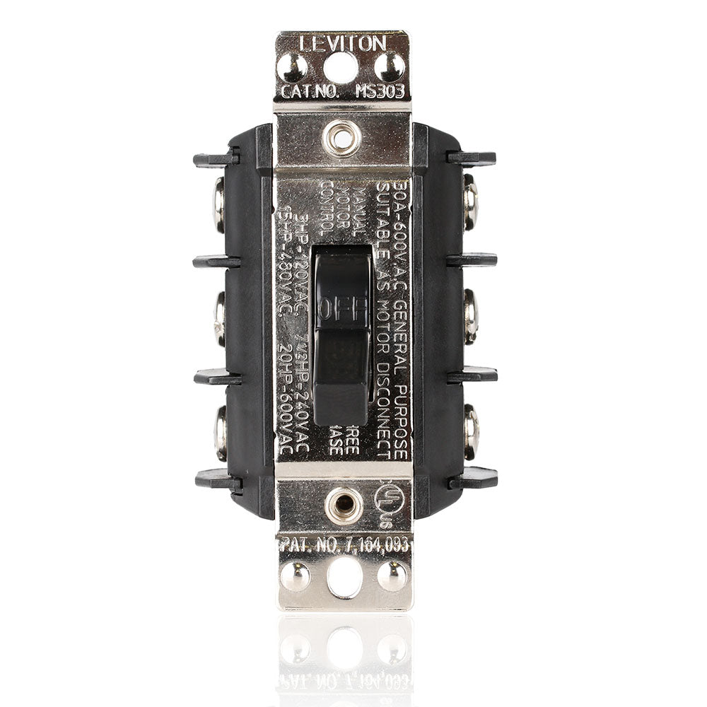 Leviton MS303-DS 30 Amp 600 Volt Industrial Grade Three Pole Three Phase AC Manual Motor Controller Toggle Switch - Black
