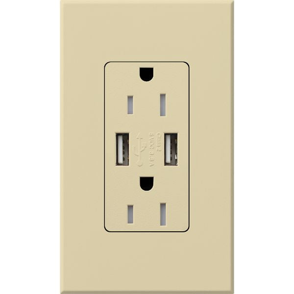 Lutron NTR-15-UBTR-IV Nova T 15A 125V Tamper Resistant Dual USB Receptacle, Ivory Finish