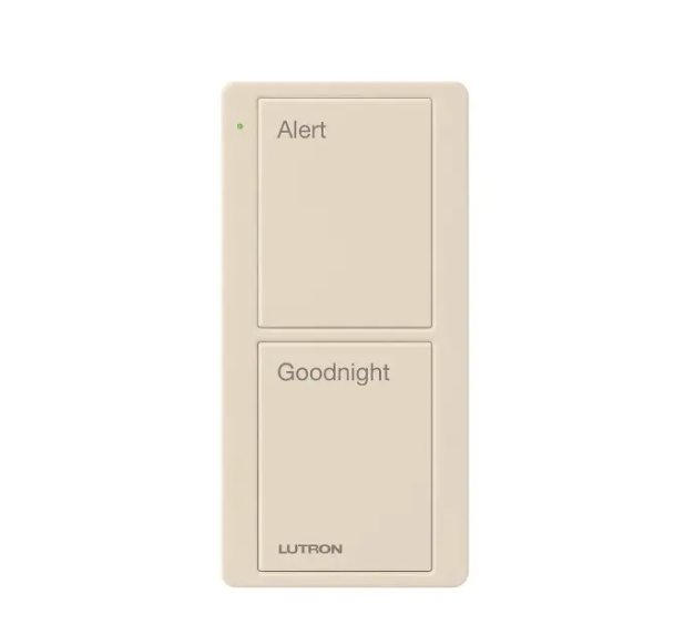 Lutron PJ2-2B-GLA-P02 2-Button Scene Pico Smart Remote - Pre-engraved Text ("Alert/Goodnight") - Light Almond
