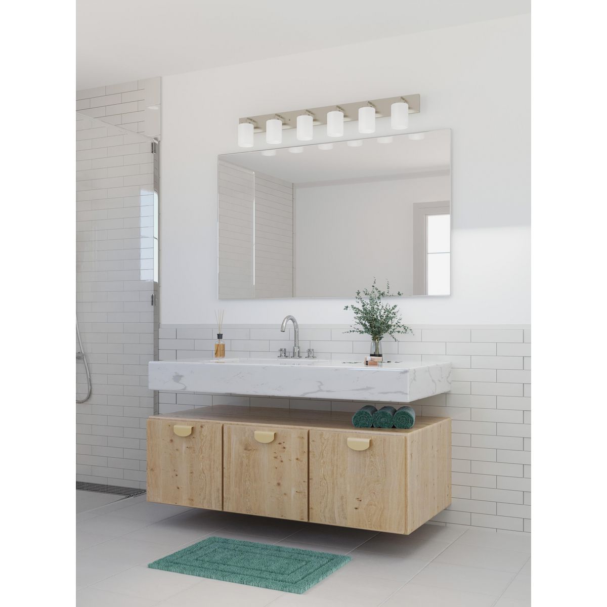Progress Lighting Merry 6 light brushed nickel bath vanity wall light in bathroom setting