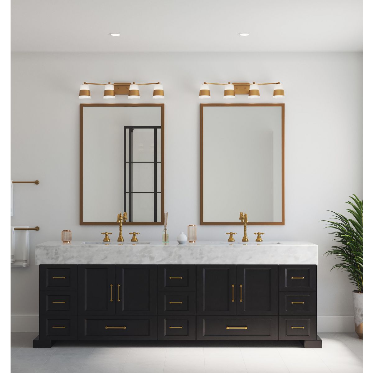 Progress Lighting P300445-163 Haven 4 Light Vintage Brass Bath Vanity Wall Light installed above double vanity in transitional bathroom