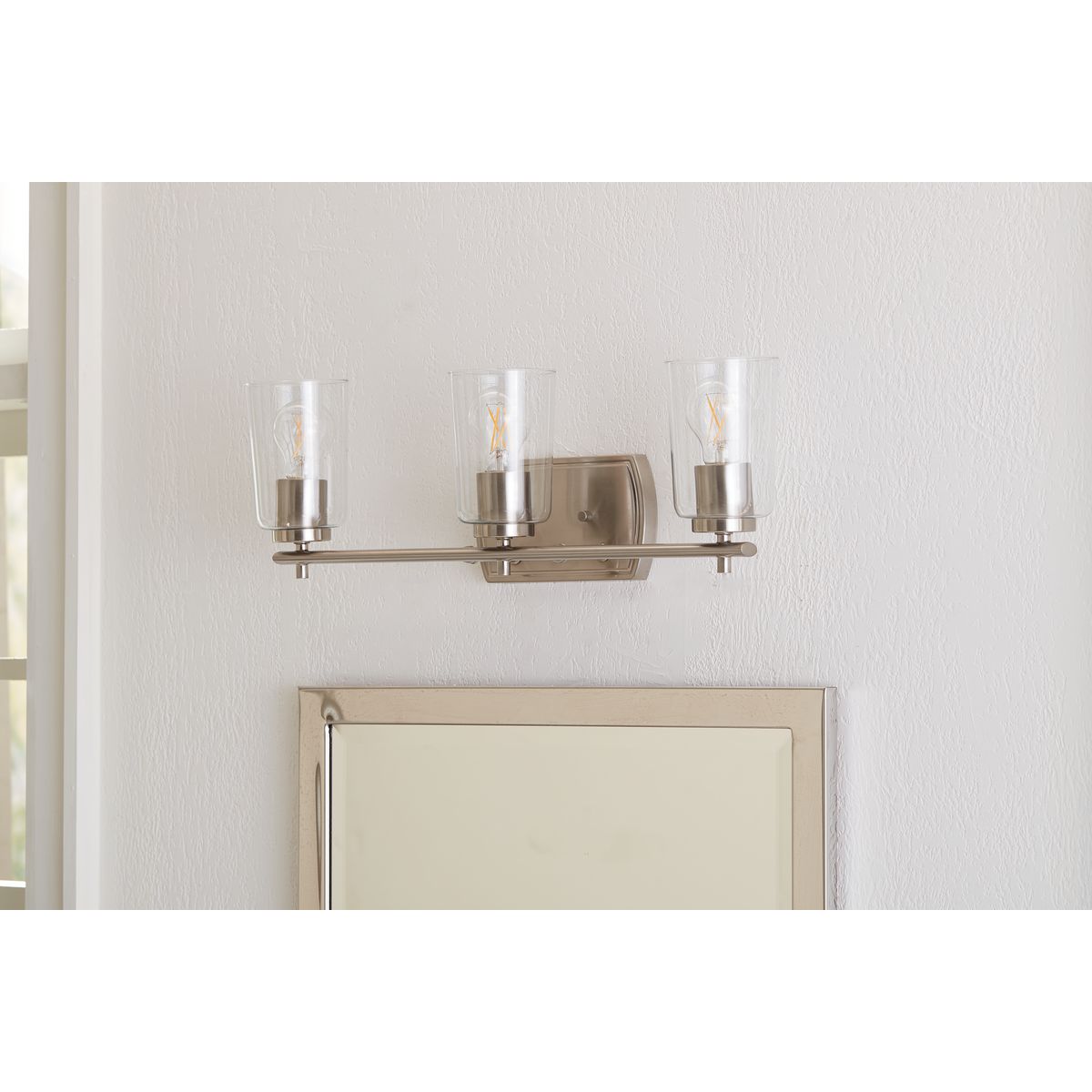 Progress Lighting Adley 3 light brushed nickel bath vanity wall light installed